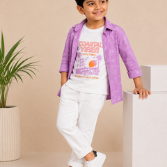 Premium Boys Purple Corduroy Shirt & Graphic T-Shirt Set | 2-Piece Casual Party Wear Outfit | Kidaura