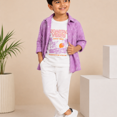 Premium Boys Purple Corduroy Shirt & Graphic T-Shirt Set | 2-Piece Casual Party Wear Outfit | Kidaura