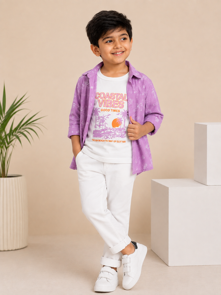 Premium Boys Purple Corduroy Shirt & Graphic T-Shirt Set | 2-Piece Casual Party Wear Outfit | Kidaura