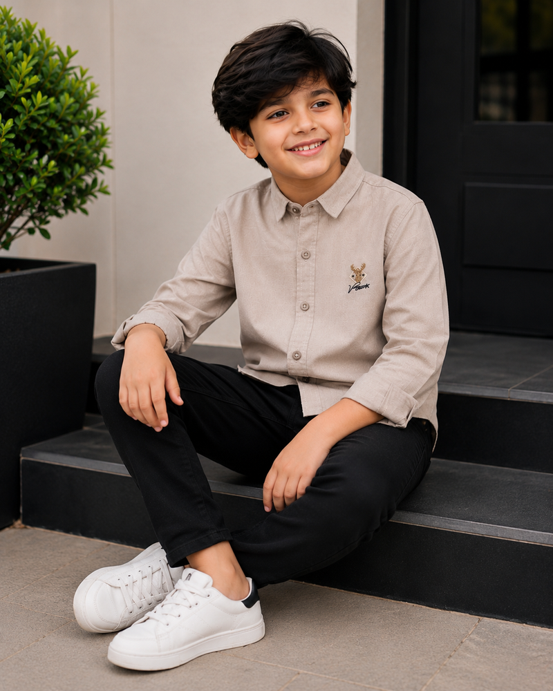 Premium Boys Beige Cotton Linen Embroidered Shirt | Full Sleeve Casual & Party Wear Kids Shirt | Kidaura