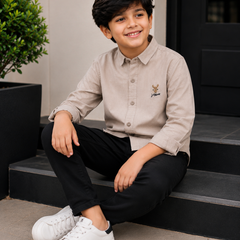 Premium Boys Beige Cotton Linen Embroidered Shirt | Full Sleeve Casual & Party Wear Kids Shirt | Kidaura