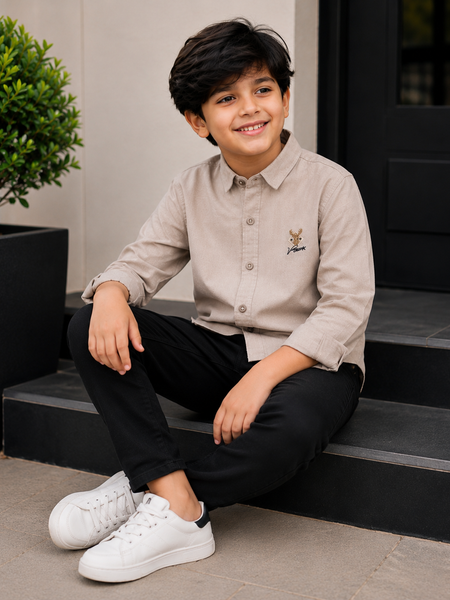 Premium Boys Beige Cotton Linen Embroidered Shirt | Full Sleeve Casual & Party Wear Kids Shirt | Kidaura