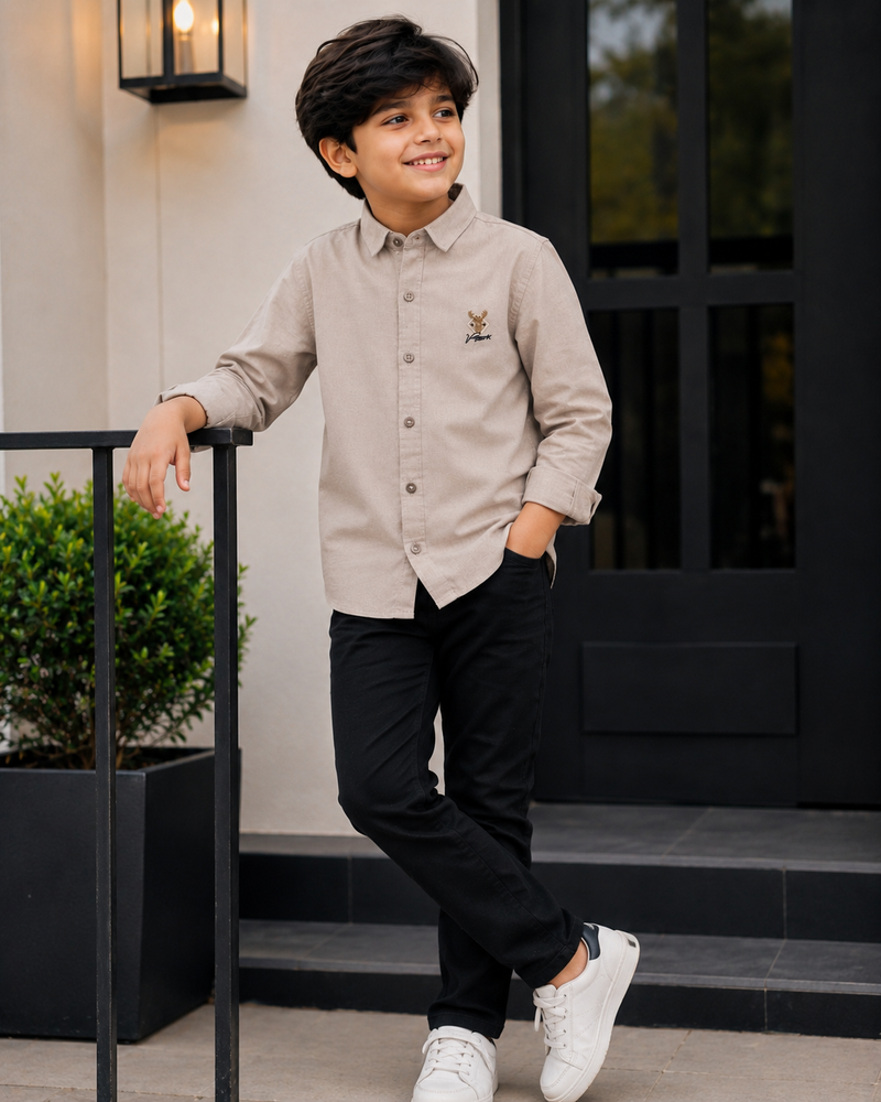 Premium Boys Beige Cotton Linen Embroidered Shirt | Full Sleeve Casual & Party Wear Kids Shirt | Kidaura