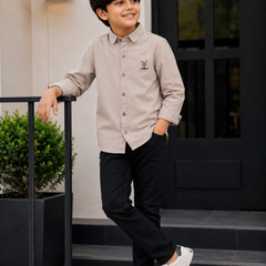 Premium Boys Beige Cotton Linen Embroidered Shirt | Full Sleeve Casual & Party Wear Kids Shirt | Kidaura