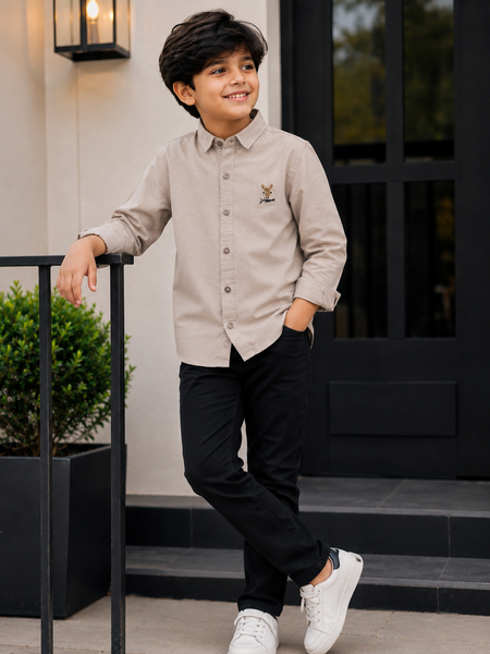 Premium Boys Beige Cotton Linen Embroidered Shirt | Full Sleeve Casual & Party Wear Kids Shirt | Kidaura