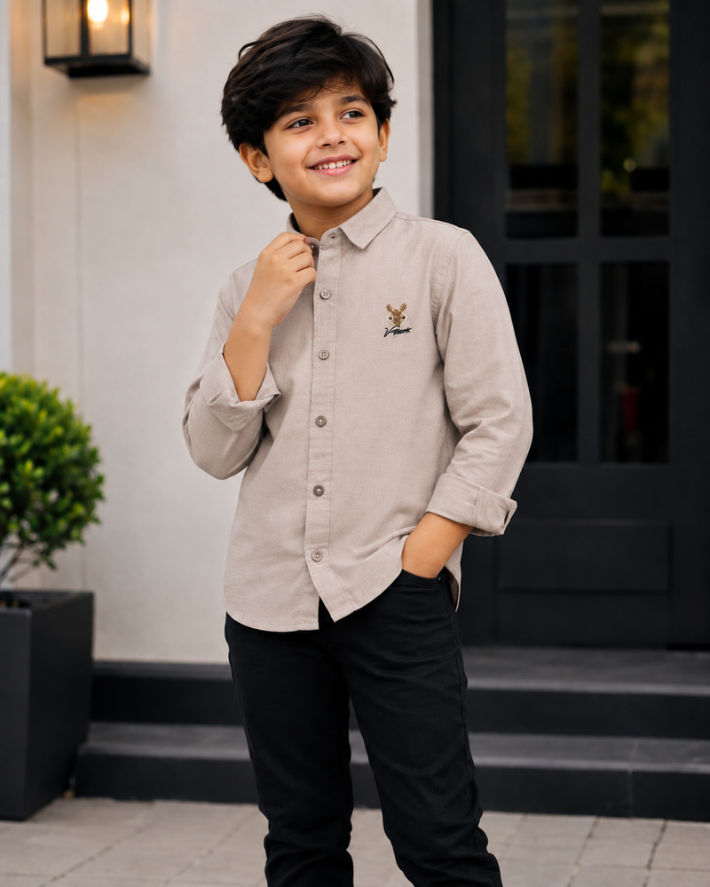 Premium Boys Beige Cotton Linen Embroidered Shirt | Full Sleeve Casual & Party Wear Kids Shirt | Kidaura