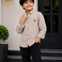 Premium Boys Beige Cotton Linen Embroidered Shirt | Full Sleeve Casual & Party Wear Kids Shirt | Kidaura