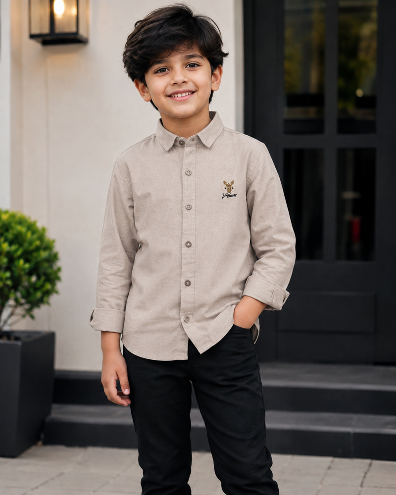 Premium Boys Beige Cotton Linen Embroidered Shirt | Full Sleeve Casual & Party Wear Kids Shirt | Kidaura