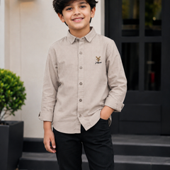 Premium Boys Beige Cotton Linen Embroidered Shirt | Full Sleeve Casual & Party Wear Kids Shirt | Kidaura