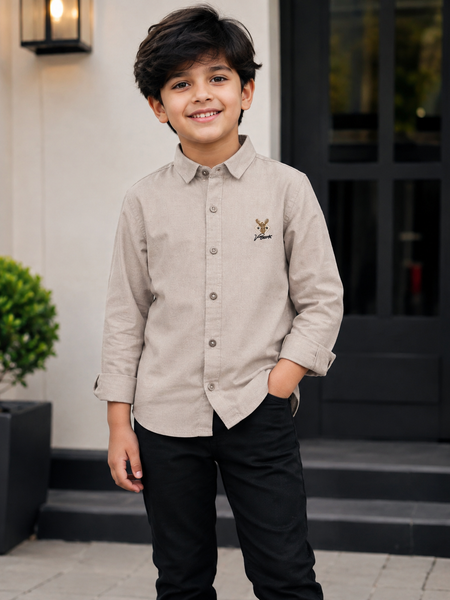 Premium Boys Beige Cotton Linen Embroidered Shirt | Full Sleeve Casual & Party Wear Kids Shirt | Kidaura