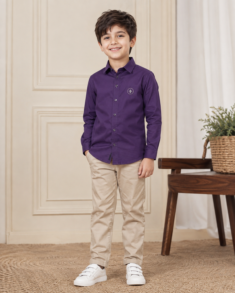 Premium Boys Purple Cotton Satin Party Wear Shirt | Full Sleeve Designer Kids Shirt | Kidaura