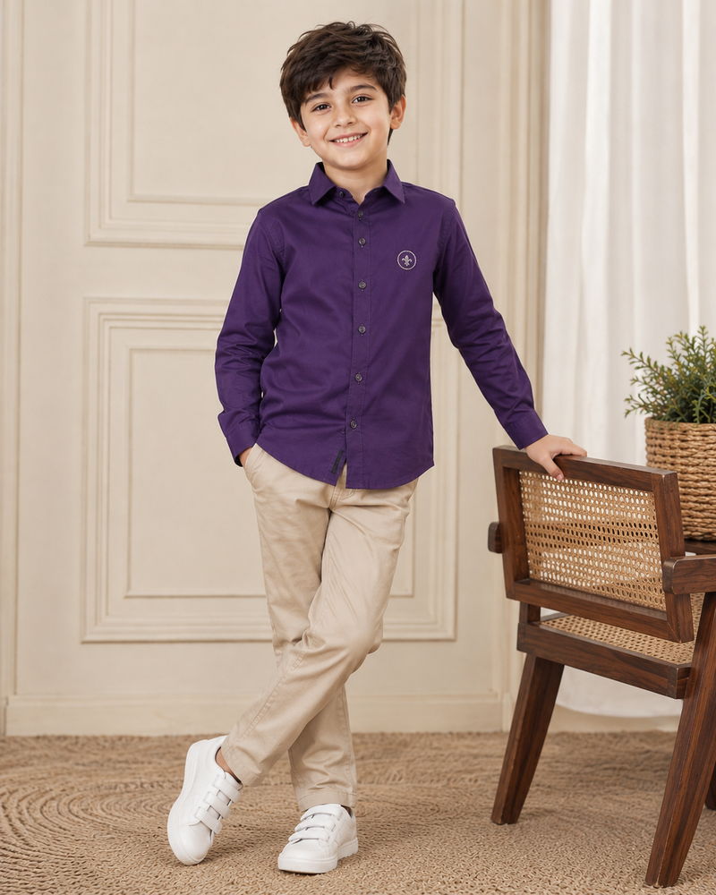Premium Boys Purple Cotton Satin Party Wear Shirt | Full Sleeve Designer Kids Shirt | Kidaura