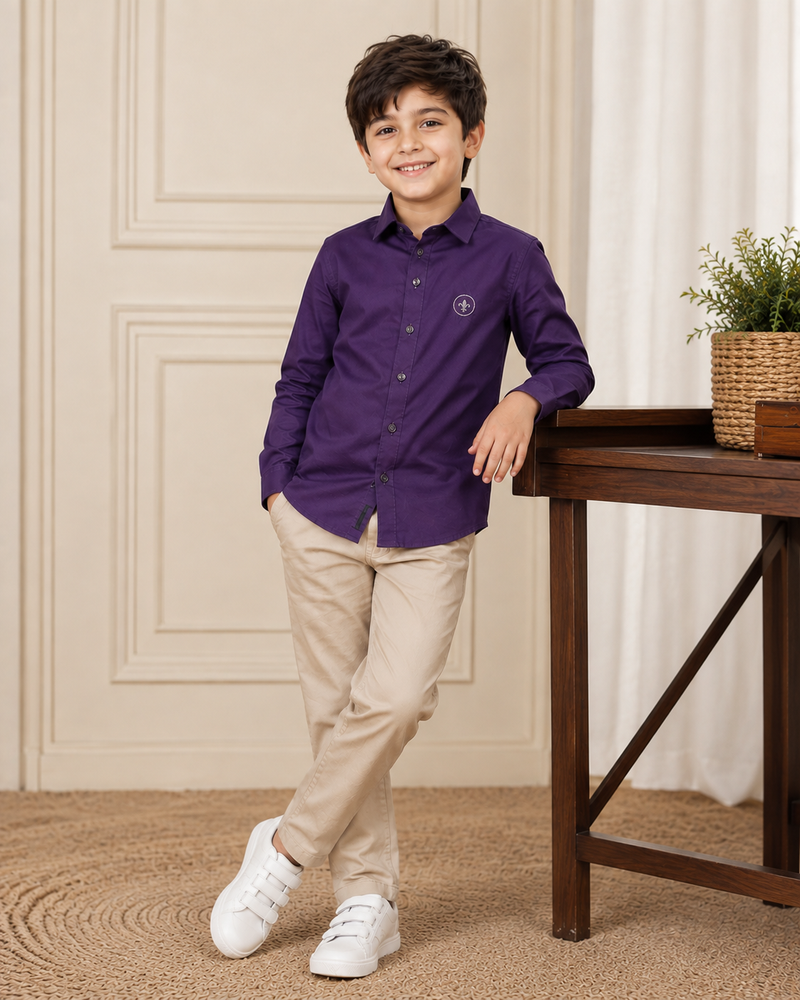 Premium Boys Purple Cotton Satin Party Wear Shirt | Full Sleeve Designer Kids Shirt | Kidaura