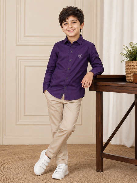 Premium Boys Purple Cotton Satin Party Wear Shirt | Full Sleeve Designer Kids Shirt | Kidaura
