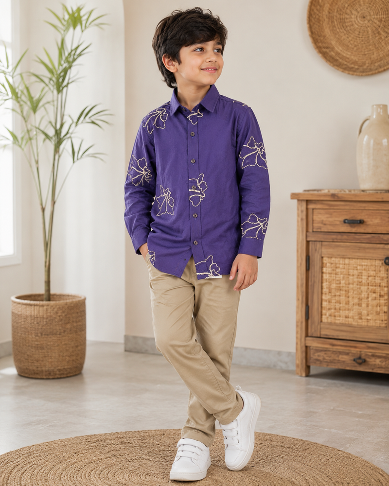 Premium Boys Purple Floral Embroidered Cotton Shirt | Full Sleeve Casual & Party Wear Kids Shirt | Kidaura