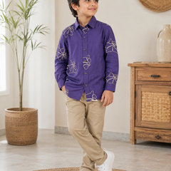 Premium Boys Purple Floral Embroidered Cotton Shirt | Full Sleeve Casual & Party Wear Kids Shirt | Kidaura