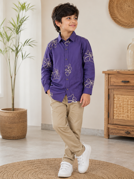 Premium Boys Purple Floral Embroidered Cotton Shirt | Full Sleeve Casual & Party Wear Kids Shirt | Kidaura