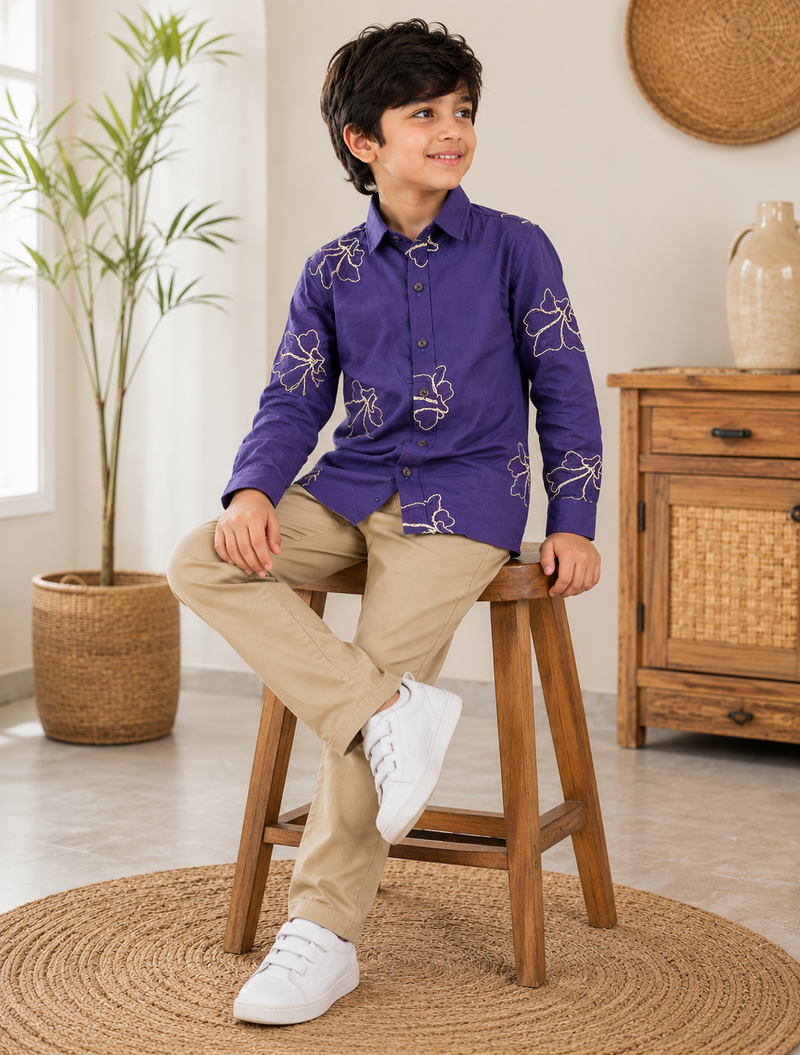 Premium Boys Purple Floral Embroidered Cotton Shirt | Full Sleeve Casual & Party Wear Kids Shirt | Kidaura
