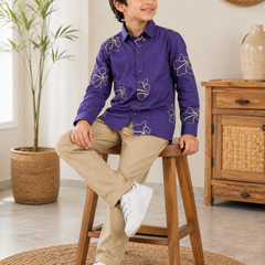Premium Boys Purple Floral Embroidered Cotton Shirt | Full Sleeve Casual & Party Wear Kids Shirt | Kidaura