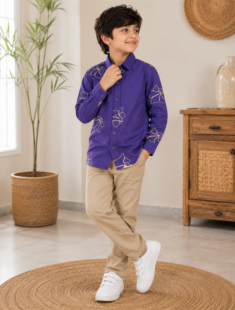 Premium Boys Purple Floral Embroidered Cotton Shirt | Full Sleeve Casual & Party Wear Kids Shirt | Kidaura