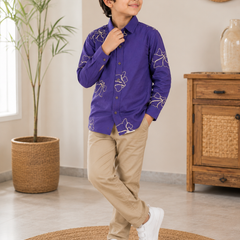 Premium Boys Purple Floral Embroidered Cotton Shirt | Full Sleeve Casual & Party Wear Kids Shirt | Kidaura