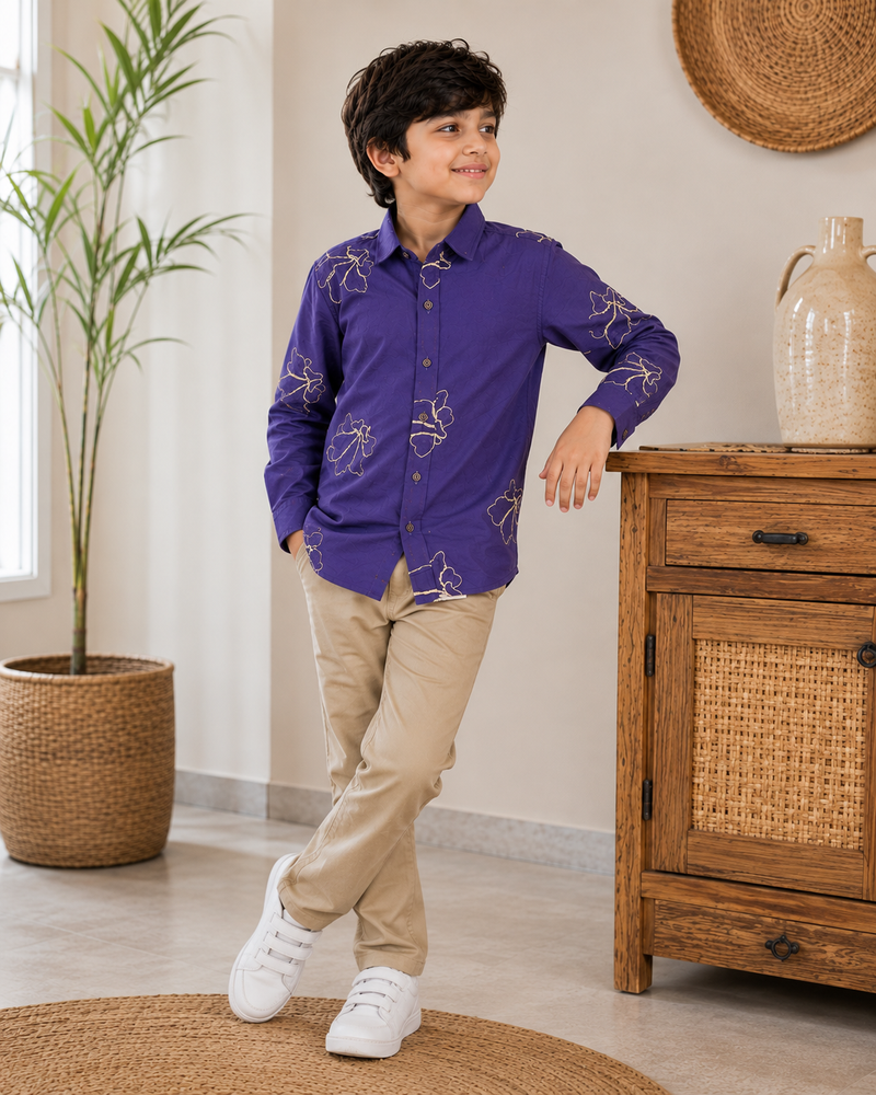 Premium Boys Purple Floral Embroidered Cotton Shirt | Full Sleeve Casual & Party Wear Kids Shirt | Kidaura