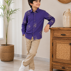 Premium Boys Purple Floral Embroidered Cotton Shirt | Full Sleeve Casual & Party Wear Kids Shirt | Kidaura