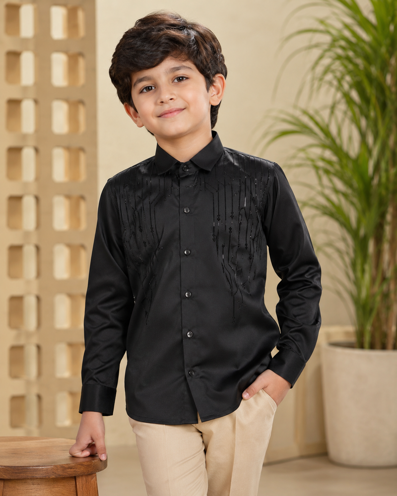 Premium Boys Black Party Wear Cotton Satin Shirt with Stone Embellishment | Full Sleeve Designer Kids Shirt | Kidaura