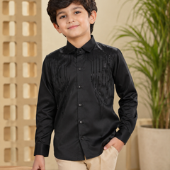 Premium Boys Black Party Wear Cotton Satin Shirt with Stone Embellishment | Full Sleeve Designer Kids Shirt | Kidaura
