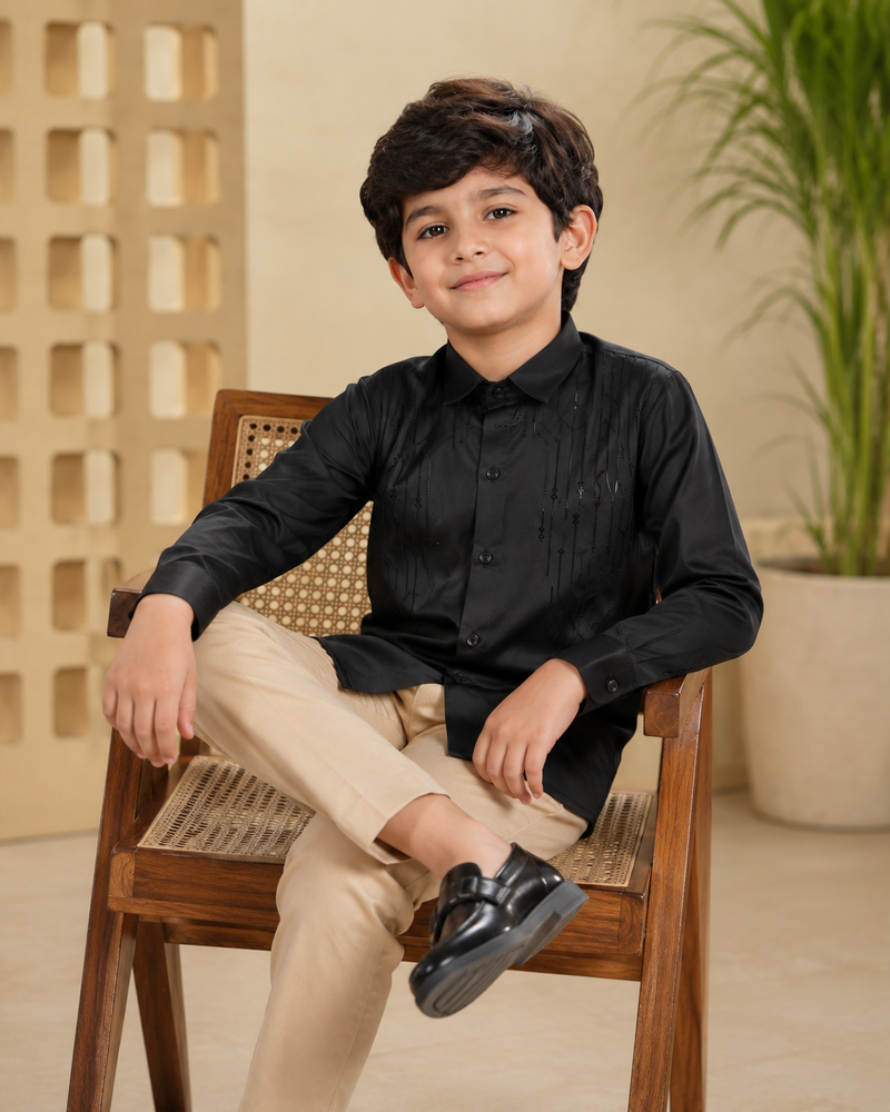 Premium Boys Black Party Wear Cotton Satin Shirt with Stone Embellishment | Full Sleeve Designer Kids Shirt | Kidaura