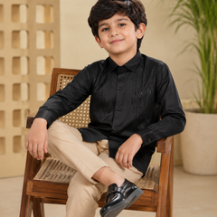Premium Boys Black Party Wear Cotton Satin Shirt with Stone Embellishment | Full Sleeve Designer Kids Shirt | Kidaura