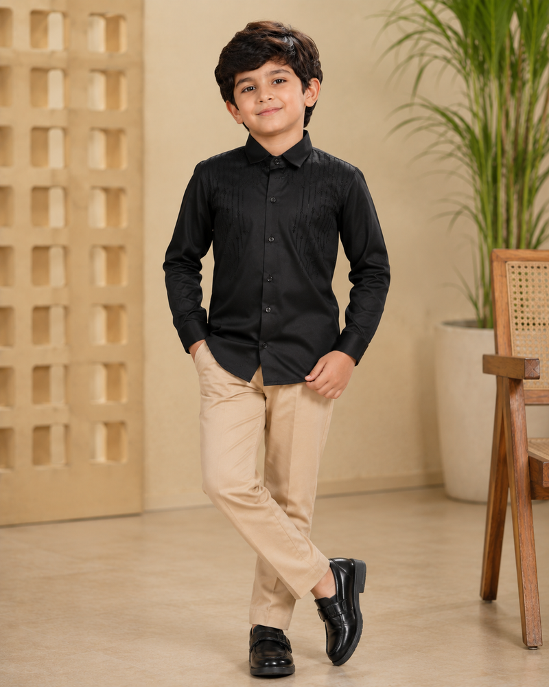 Premium Boys Black Party Wear Cotton Satin Shirt with Stone Embellishment | Full Sleeve Designer Kids Shirt | Kidaura