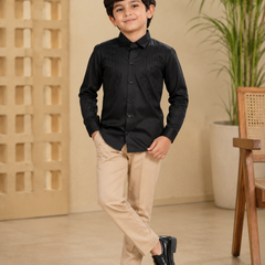 Premium Boys Black Party Wear Cotton Satin Shirt with Stone Embellishment | Full Sleeve Designer Kids Shirt | Kidaura