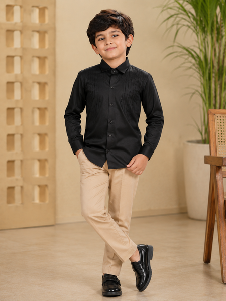 Premium Boys Black Party Wear Cotton Satin Shirt with Stone Embellishment | Full Sleeve Designer Kids Shirt | Kidaura