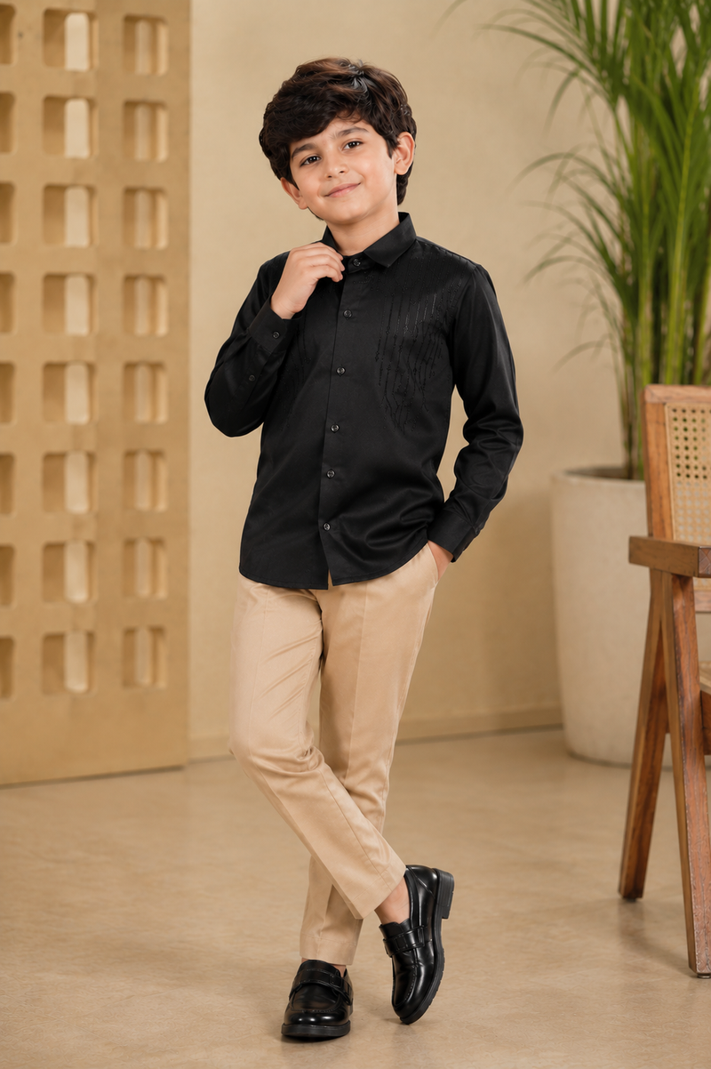 Premium Boys Black Party Wear Cotton Satin Shirt with Stone Embellishment | Full Sleeve Designer Kids Shirt | Kidaura