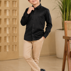Premium Boys Black Party Wear Cotton Satin Shirt with Stone Embellishment | Full Sleeve Designer Kids Shirt | Kidaura