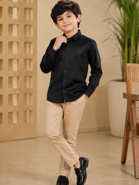 Premium Boys Black Party Wear Cotton Satin Shirt with Stone Embellishment | Full Sleeve Designer Kids Shirt | Kidaura