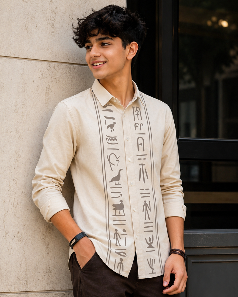 Premium Boys Off White Egyptian Print Cotton Shirt | Full Sleeve Casual & Party Wear Kids Shirt | Kidaura