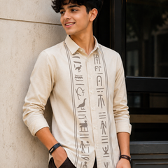 Premium Boys Off White Egyptian Print Cotton Shirt | Full Sleeve Casual & Party Wear Kids Shirt | Kidaura