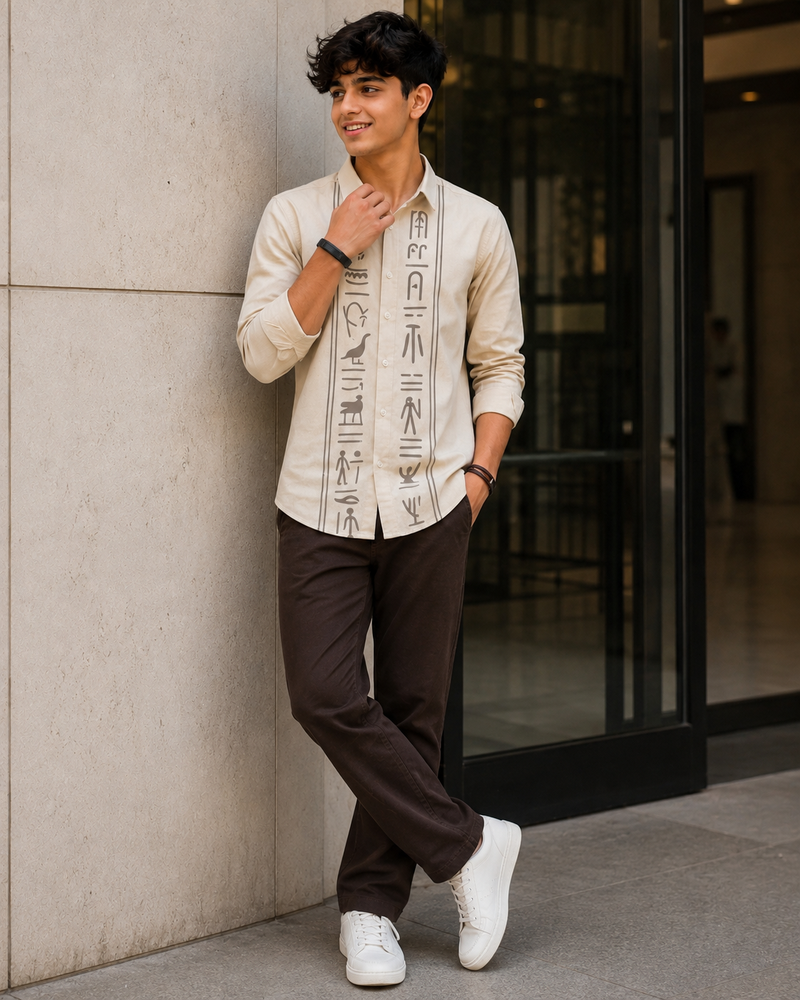 Premium Boys Off White Egyptian Print Cotton Shirt | Full Sleeve Casual & Party Wear Kids Shirt | Kidaura