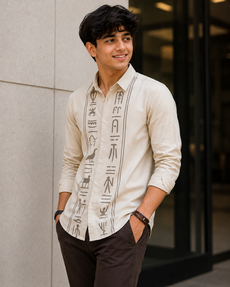 Premium Boys Off White Egyptian Print Cotton Shirt | Full Sleeve Casual & Party Wear Kids Shirt | Kidaura
