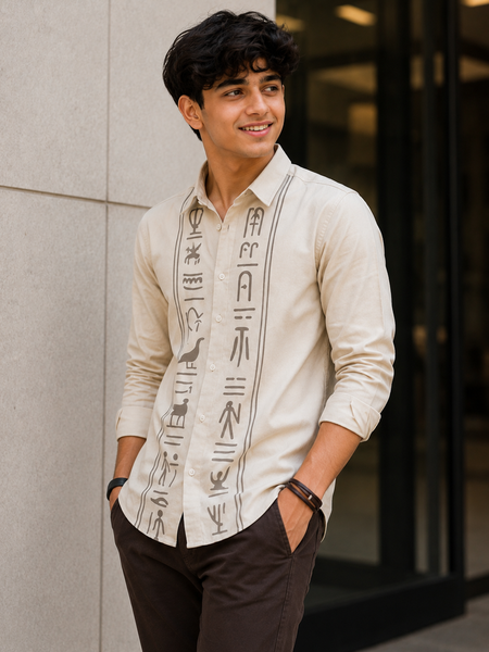 Premium Boys Off White Egyptian Print Cotton Shirt | Full Sleeve Casual & Party Wear Kids Shirt | Kidaura