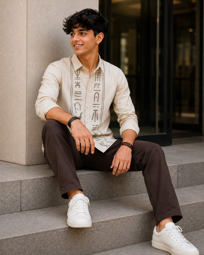 Premium Boys Off White Egyptian Print Cotton Shirt | Full Sleeve Casual & Party Wear Kids Shirt | Kidaura