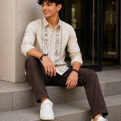 Premium Boys Off White Egyptian Print Cotton Shirt | Full Sleeve Casual & Party Wear Kids Shirt | Kidaura