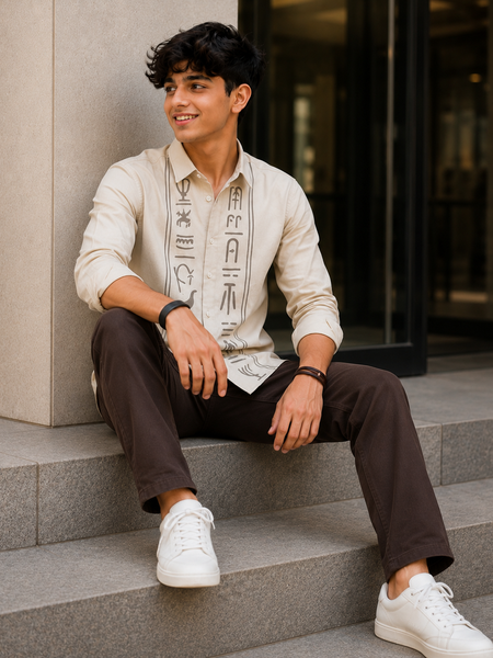 Premium Boys Off White Egyptian Print Cotton Shirt | Full Sleeve Casual & Party Wear Kids Shirt | Kidaura