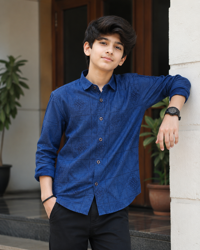 Premium Boys Royal Blue Self-Embroidered Cotton Shirt | Full Sleeve Casual & Party Wear Kids Shirt | Kidaura