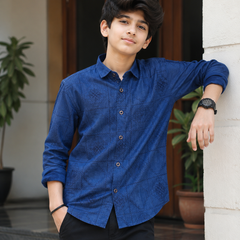 Premium Boys Royal Blue Self-Embroidered Cotton Shirt | Full Sleeve Casual & Party Wear Kids Shirt | Kidaura
