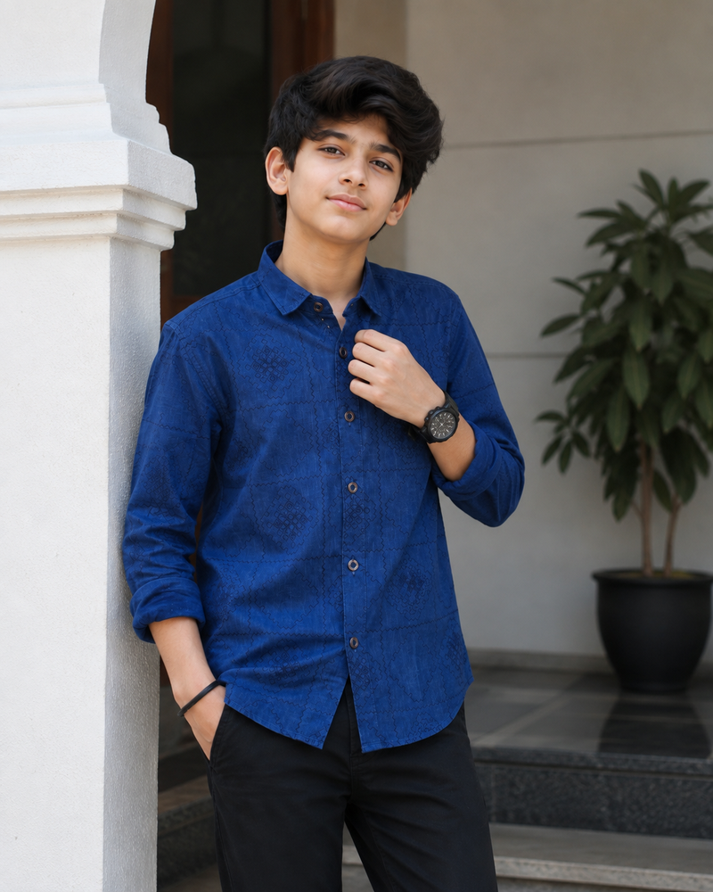 Premium Boys Royal Blue Self-Embroidered Cotton Shirt | Full Sleeve Casual & Party Wear Kids Shirt | Kidaura