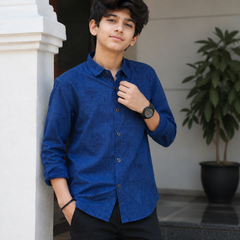 Premium Boys Royal Blue Self-Embroidered Cotton Shirt | Full Sleeve Casual & Party Wear Kids Shirt | Kidaura