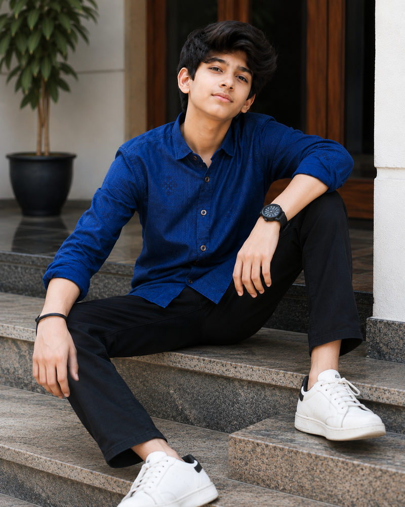 Premium Boys Royal Blue Self-Embroidered Cotton Shirt | Full Sleeve Casual & Party Wear Kids Shirt | Kidaura